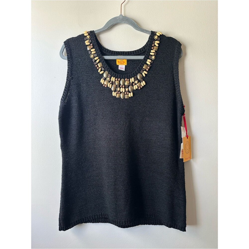 Ruby Rd. Black Sleeveless Knit Top Tribal Wood Beaded Neckline Size 2X NWT Boho